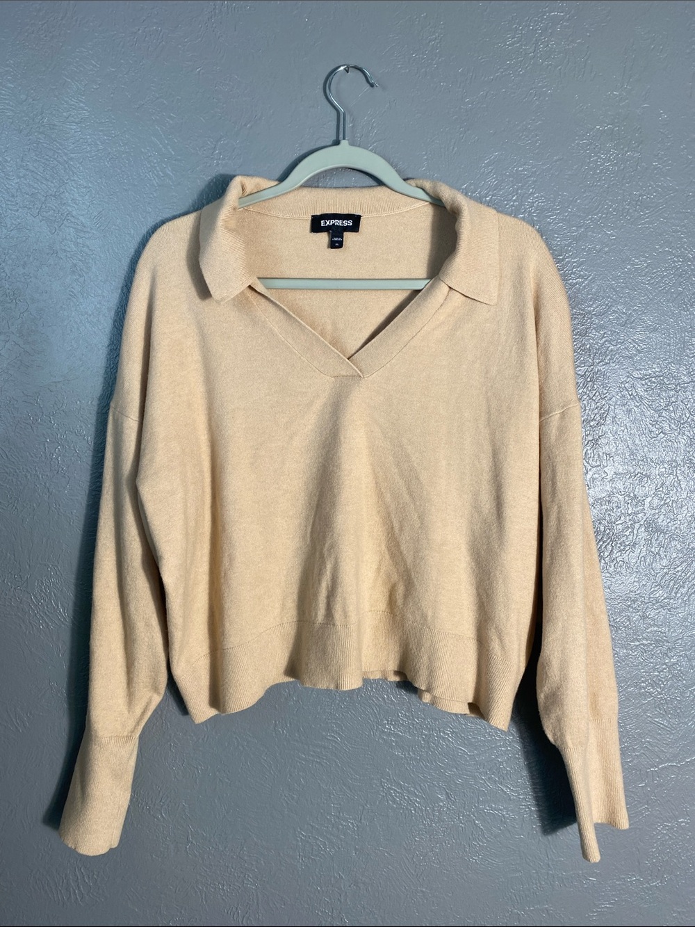 Express Women's Johnny Collar Sweater XL Beige Cropped Minimalist Oversized